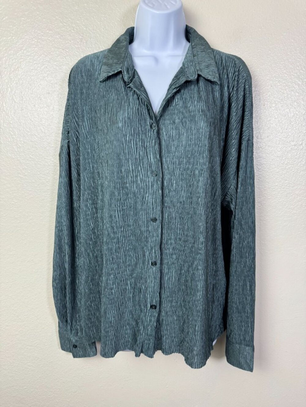 Bailey 44 Pleated Long Sleeve Button Up Shirt Teal Green Size Large Crinkle